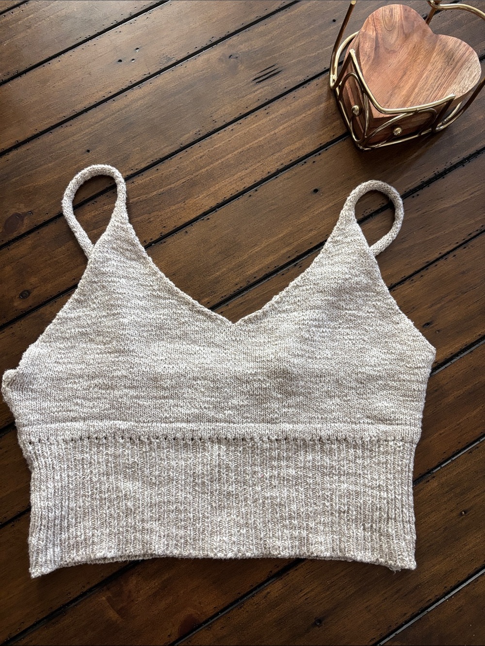 Textured Beige Knit V-Neck Cropped Camisole